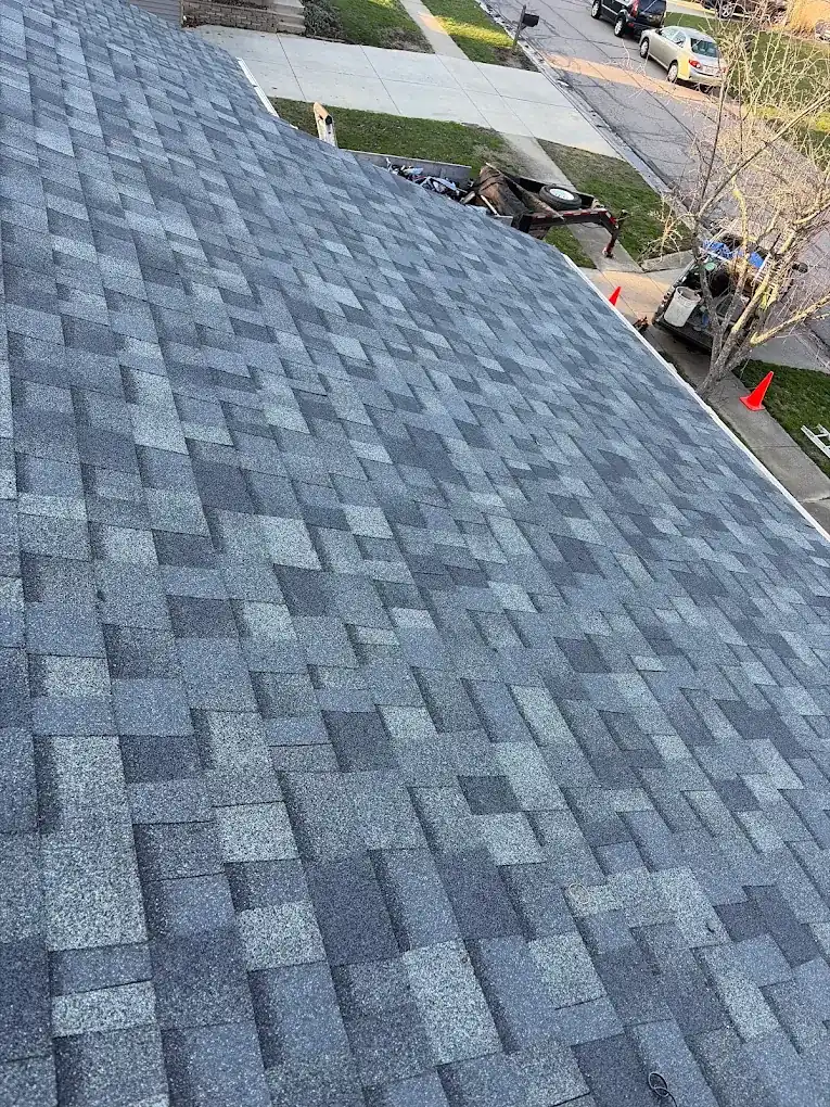 Aerial view of a completed dimensional shingle roof replacement in Amelia, Ohio by Abrams Restoration