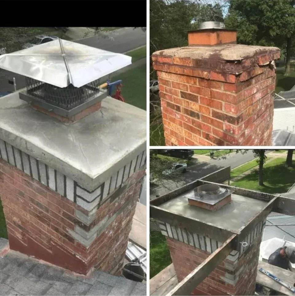 Before and after chimney masonry restoration with new crown and stainless cap in Clermont County, Ohio by Abrams Restoration